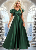 Sydney A-line V-Neck Floor-Length Satin Bridesmaid Dress With Ruffle STKP0025777