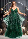 Janelle Ball-Gown/Princess V-Neck Floor-Length Lace Floral Prom Dresses With Sequins STKP0025838