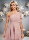 Joan A-line One Shoulder Asymmetrical Chiffon Bridesmaid Dress With Ruffle STKP0025819