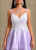 Sierra A-line V-Neck Short Satin Homecoming Dress With Appliques Lace STKP0025696