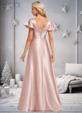 Eleanor A-line V-Neck Floor-Length Stretch Satin Bridesmaid Dress With Ruffle STKP0025787