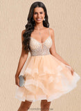 Pat Ball-Gown/Princess V-Neck Short Tulle Homecoming Dress With Beading Sequins STKP0025646