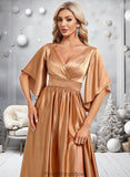 Kathryn A-line V-Neck Floor-Length Stretch Satin Bridesmaid Dress STKP0025793