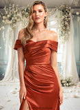 Adeline A-line Off the Shoulder Floor-Length Stretch Satin Bridesmaid Dress STKP0025757