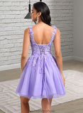 Jewel Ball-Gown/Princess V-Neck Short Lace Tulle Homecoming Dress With Flower STKP0025656