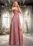 Abbigail A-line Cold Shoulder Floor-Length Satin Bridesmaid Dress STKP0025750