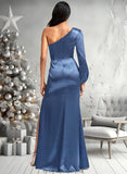 Adeline A-line One Shoulder Floor-Length Stretch Satin Bridesmaid Dress With Bow STKP0025730