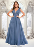 Shayna A-line V-Neck Sweep Train Tulle Prom Dresses With Bow STKP0025854