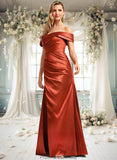 Adeline A-line Off the Shoulder Floor-Length Stretch Satin Bridesmaid Dress STKP0025757