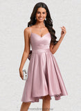 Daphne A-line V-Neck Asymmetrical Satin Homecoming Dress With Bow Pleated STKP0025699