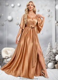 Kathryn A-line V-Neck Floor-Length Stretch Satin Bridesmaid Dress STKP0025793