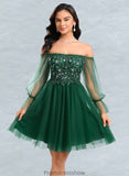 Karli A-line Off the Shoulder Short Tulle Homecoming Dress With Sequins Appliques Lace STKP0025663