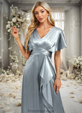 Jaida A-line V-Neck Floor-Length Stretch Satin Bridesmaid Dress With Ruffle STKP0025767