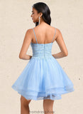 Liana A-line V-Neck Short Lace Tulle Homecoming Dress With Rhinestone Sequins STKP0025658