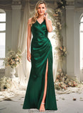 Jaelyn A-line V-Neck Floor-Length Stretch Satin Bridesmaid Dress STKP0025746