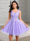 Jewel Ball-Gown/Princess V-Neck Short Lace Tulle Homecoming Dress With Flower STKP0025656