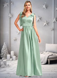 Jessica A-line V-Neck Floor-Length Stretch Satin Bridesmaid Dress With Bow STKP0025737