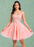 Everleigh Ball-Gown/Princess Scoop Short Tulle Lace Homecoming Dress With Ruffle STKP0025676