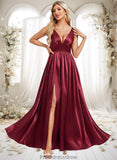 Sanaa A-line V-Neck Floor-Length Stretch Satin Bridesmaid Dress STKP0025771