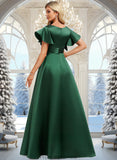 Sydney A-line V-Neck Floor-Length Satin Bridesmaid Dress With Ruffle STKP0025777