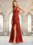 Itzel A-line V-Neck Floor-Length Chiffon Bridesmaid Dress With Ruffle STKP0025754