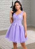 Jewel Ball-Gown/Princess V-Neck Short Lace Tulle Homecoming Dress With Flower STKP0025656