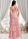 Khloe A-line V-Neck Floor-Length Chiffon Bridesmaid Dress STKP0025749