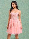 Everleigh Ball-Gown/Princess Scoop Short Tulle Lace Homecoming Dress With Ruffle STKP0025676