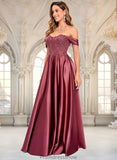 Haleigh A-line Off the Shoulder Floor-Length Satin Lace Prom Dresses With Sequins STKP0025841