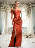 Adeline A-line Off the Shoulder Floor-Length Stretch Satin Bridesmaid Dress STKP0025757