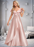 Eleanor A-line V-Neck Floor-Length Stretch Satin Bridesmaid Dress With Ruffle STKP0025787