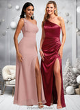 Una A-line One Shoulder Floor-Length Stretch Satin Bridesmaid Dress With Bow STKP0025758