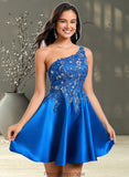 Aliyah A-line One Shoulder Short Satin Homecoming Dress With Appliques Lace Sequins STKP0025657