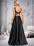 Patsy A-line V-Neck Floor-Length Stretch Satin Prom Dresses With Bow STKP0025882