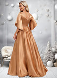 Kathryn A-line V-Neck Floor-Length Stretch Satin Bridesmaid Dress STKP0025793