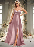 Charlee A-line V-Neck Floor-Length Stretch Satin Bridesmaid Dress STKP0025822