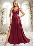 Sanaa A-line V-Neck Floor-Length Stretch Satin Bridesmaid Dress STKP0025771