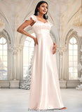 Cali A-line V-Neck Floor-Length Stretch Satin Bridesmaid Dress With Bow STKP0025759