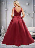 Ansley A-line V-Neck Floor-Length Satin Bridesmaid Dress STKP0025775