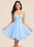 Liana A-line V-Neck Short Lace Tulle Homecoming Dress With Rhinestone Sequins STKP0025658