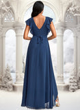 Maisie A-line V-Neck Asymmetrical Chiffon Bridesmaid Dress With Ruffle STKP0025733