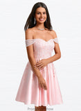 Bailey A-line Off the Shoulder Short Satin Homecoming Dress With Rhinestone Beading Appliques Lace STKP0025679