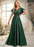 Danna A-line V-Neck Floor-Length Stretch Satin Bridesmaid Dress With Ruffle STKP0025773