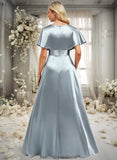 Jaida A-line V-Neck Floor-Length Stretch Satin Bridesmaid Dress With Ruffle STKP0025767