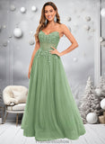 Moira Ball-Gown/Princess V-Neck Floor-Length Tulle Prom Dresses With Sequins Appliques Lace STKP0025837