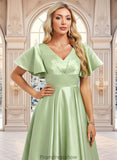 Lauren A-line V-Neck Asymmetrical Satin Bridesmaid Dress With Ruffle STKP0025776