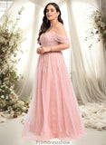 Jazlynn A-line Sweetheart Off the Shoulder Floor-Length Tulle Floral Lace Prom Dresses With Appliques Lace STKP0025870