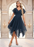 Selina A-line V-Neck Asymmetrical Chiffon Bridesmaid Dress With Ruffle STKP0025804