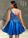 Aliyah A-line One Shoulder Short Satin Homecoming Dress With Appliques Lace Sequins STKP0025657