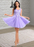 Jewel Ball-Gown/Princess V-Neck Short Lace Tulle Homecoming Dress With Flower STKP0025656